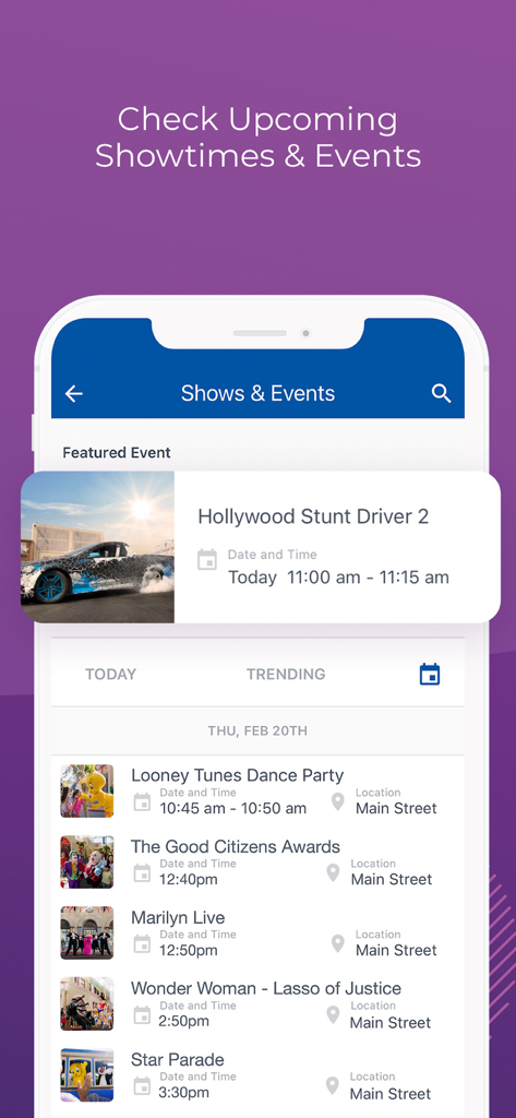 Mobile app screen showing a schedule of theme park shows and events with times and locations