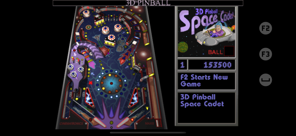 Pantalla de juego clásica de 3D Pinball Space Cadet con la icónica mesa de pinball púrpura y el panel lateral de puntuación