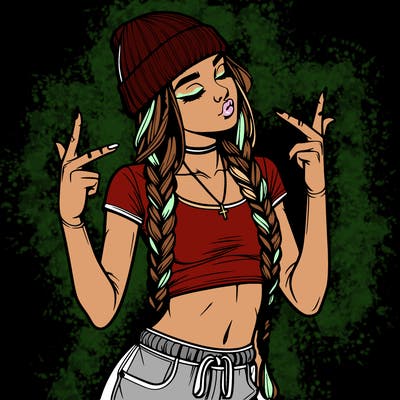 realistic teenage girl with braids and a beanie and crop top doing 🫶🏼