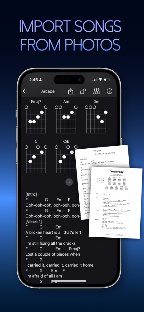 Guitar Notebook - Interfaz de la aplicación Cuaderno de Guitarra mostrando la función SongSight AI para importar letras y diagramas de acordes desde fotos.