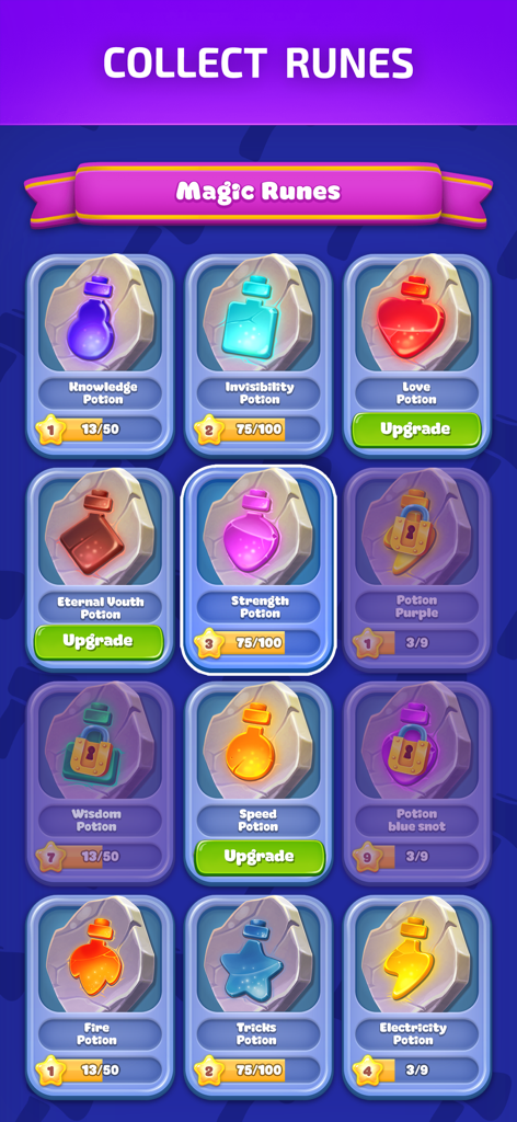 Goblins Wood: Gold Miner Game - A screen from Goblins Wood showing a collection of upgradable magic potion runes including Knowledge, Invisibility, and Strength potions.
