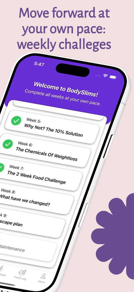 MyBodySlims - MyBodySlims app screen displaying a list of weekly weight loss challenges and seminar topics.