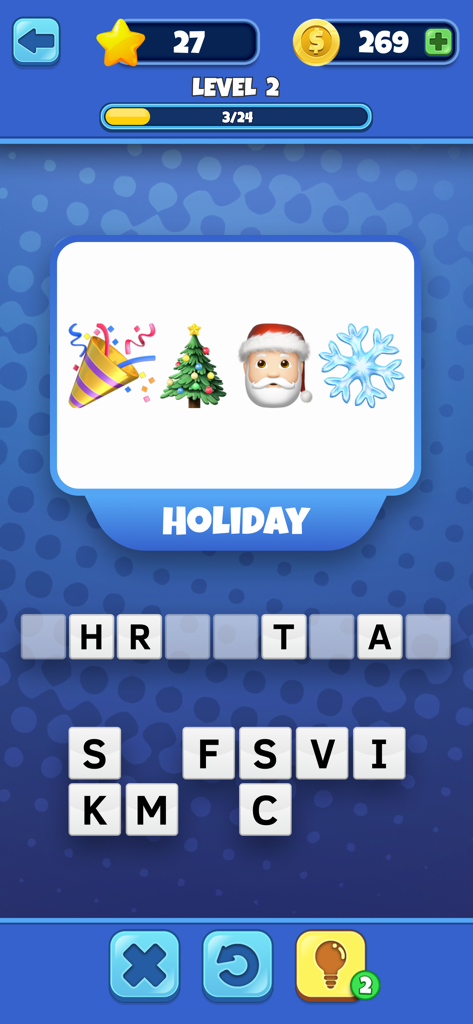 Emoji Quiz - Guess the Emojis - A gameplay screen from Emoji Quiz featuring a holiday category with Christmas themed emojis and a word puzzle