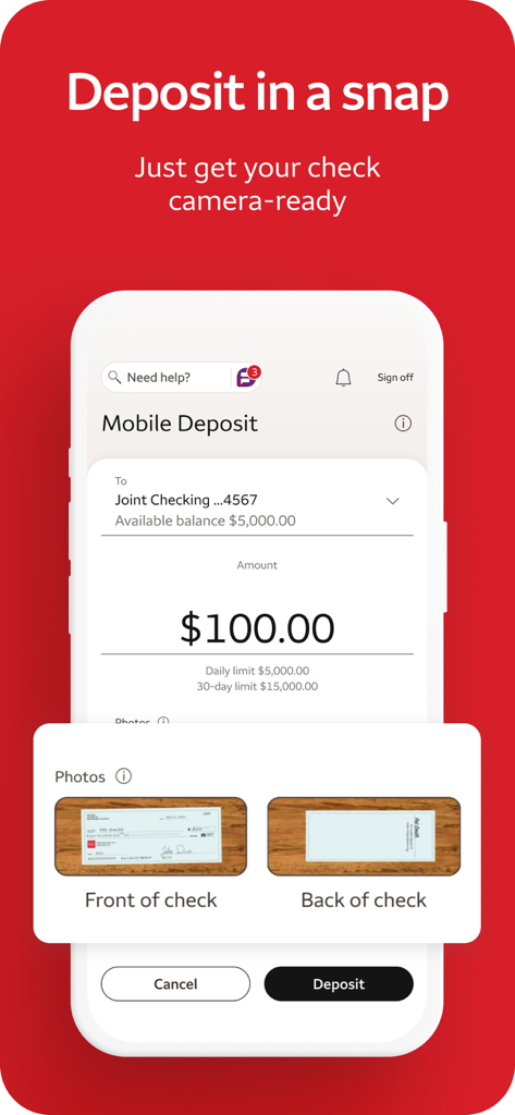Interface of the Wells Fargo Mobile app showing the mobile check deposit feature with photos of the front and back of a check