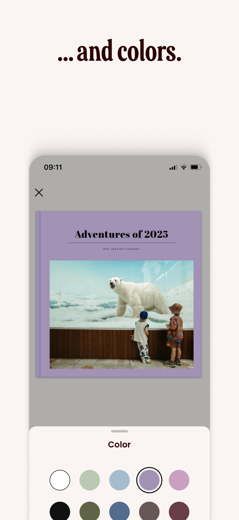 Once Upon | Photo book Creator - Once Upon app screen for selecting photo book cover colors.