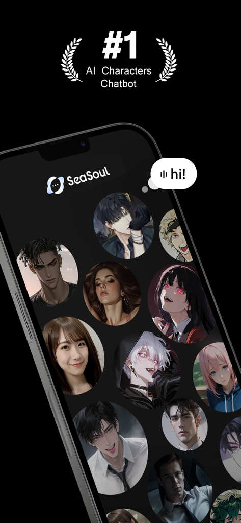Sea Soul mobile app interface showing various AI character avatars and the number one AI chatbot ranking