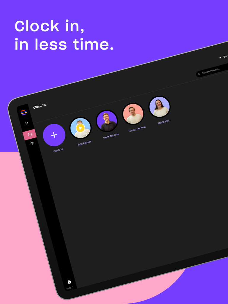 App Droppah Time Clock su iPad che mostra un'interfaccia di timbratura del dipendente con foto del profilo.