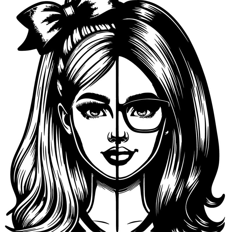 realistic split half popular cheerleader with half a nerd with glasses that is a girl