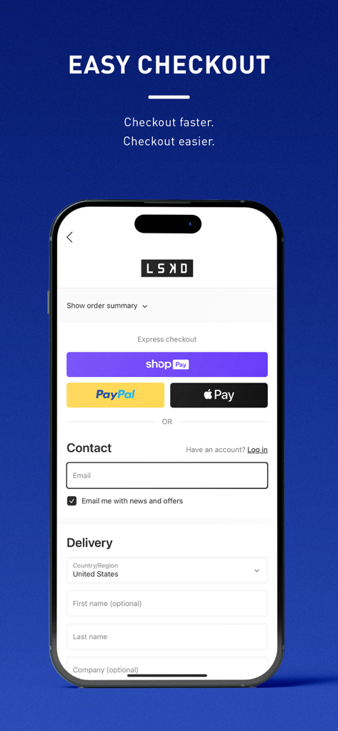 Pantalla de pago fácil de la app móvil LSKD US con opciones de pago exprés que incluyen ShopPay, PayPal y Apple Pay