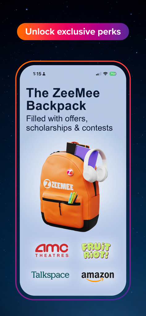 ZeeMee: Meet College Friends - Función de mochila de la aplicación ZeeMee que muestra becas para estudiantes y ofertas de marcas de socios como Amazon y AMC