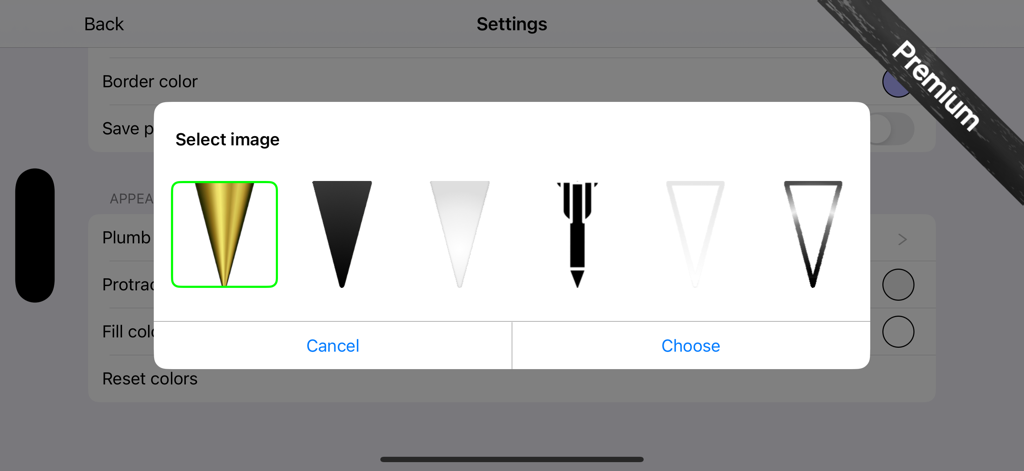 Protractor Smart - Menú de selección de iconos de péndulo en la configuración premium de Protractor Smart