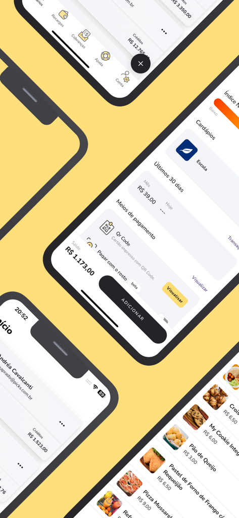 Picks Manager - Capturas de pantalla de la aplicación Picks Manager que muestran saldos de cuentas escolares, pagos con código QR y menú de cafetería digital.