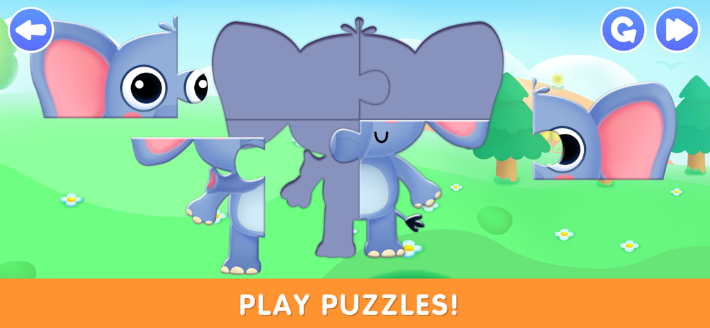 Pet care games for kids 2 5 - Un puzzle interactivo de elefante para niños pequeños en la aplicación Juegos de cuidado de mascotas para niños.