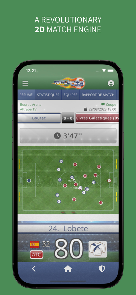 Virtuafoot Football Manager - Virtuafoot Football Manager 2D match engine interface showing player positions on a digital pitch