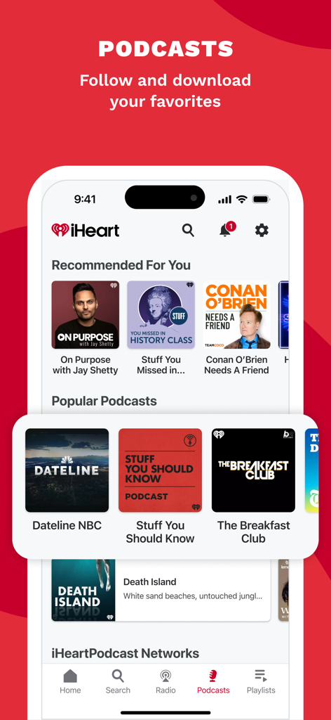 iHeartRadio app screen showing recommended and popular podcasts including Dateline NBC and The Breakfast Club