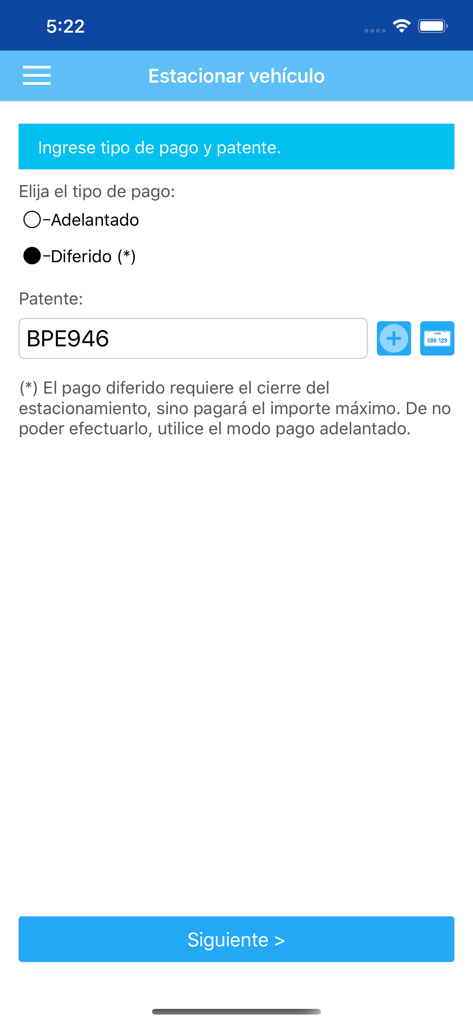 Interface de l'application Movil-TR pour entrer la plaque d'immatriculation du véhicule et choisir entre le paiement de stationnement prépayé ou différé.