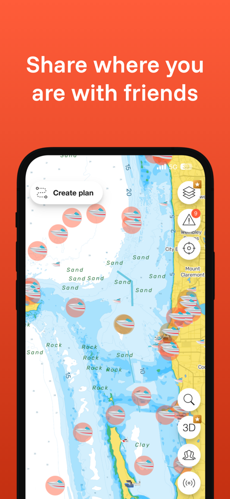 A smartphone screen showing the DECKEE app interface with a maritime map and live location sharing of multiple boat vessels with friends.