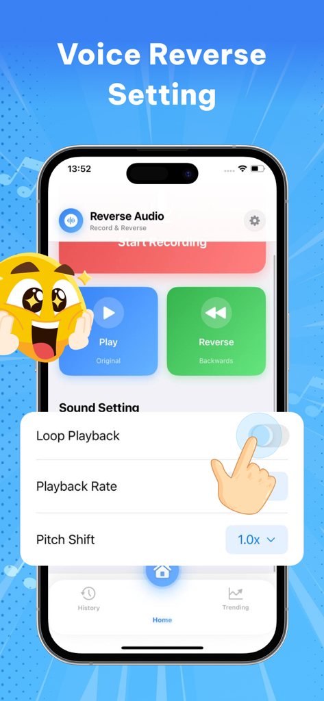 Voice reverse settings screen in the Reverse Audio app showing loop playback and pitch shift options