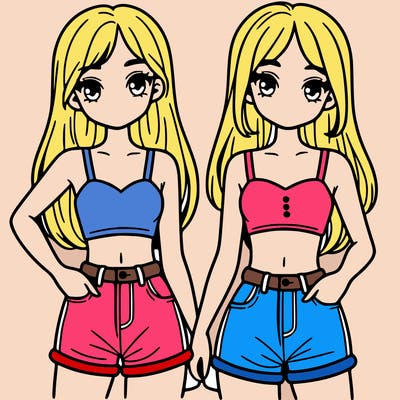 two sisters with crop tops and jean shorts and straight hair
