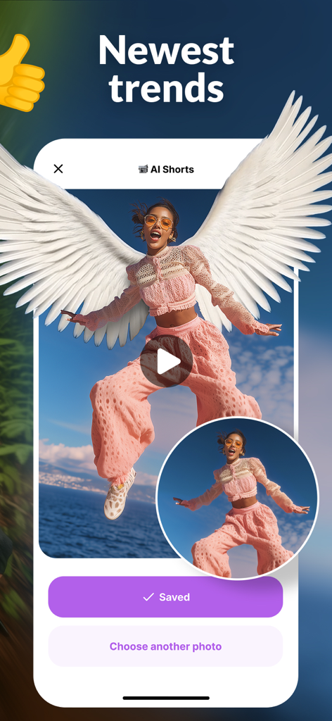 AI Video Photo・DreamPix Editor - DreamPixアプリのインターフェースに、AI生成の天使の羽を持つ女性が表示されている