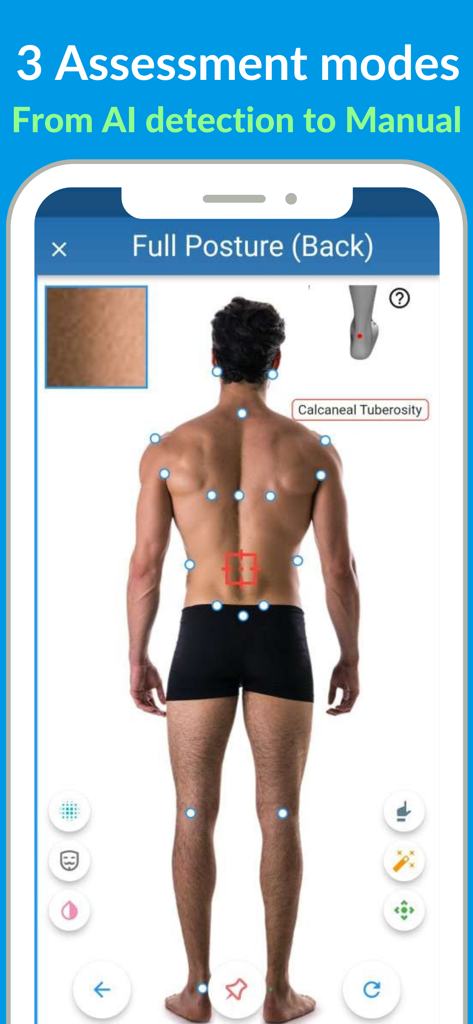 APECS app screenshot showing AI markers for full back posture evaluation