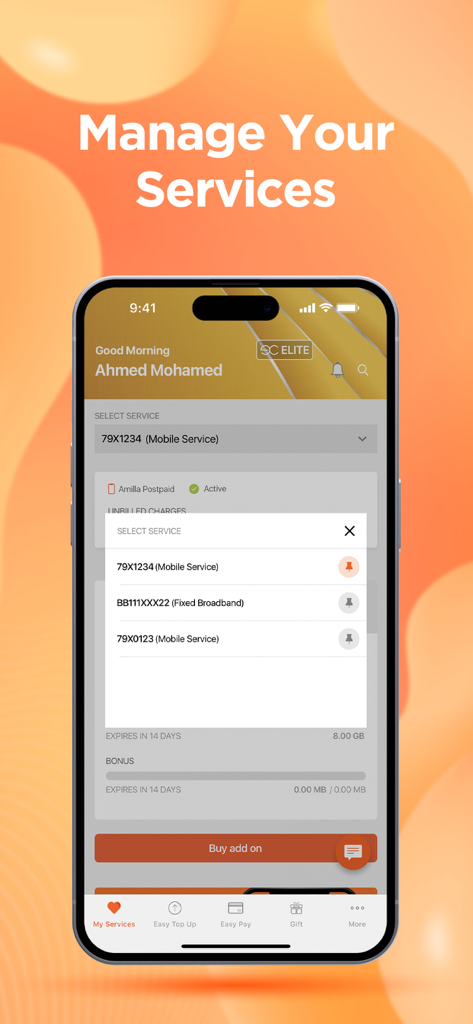 Dhiraagu mobile app interface for managing multiple mobile and fixed broadband services from a single dashboard.