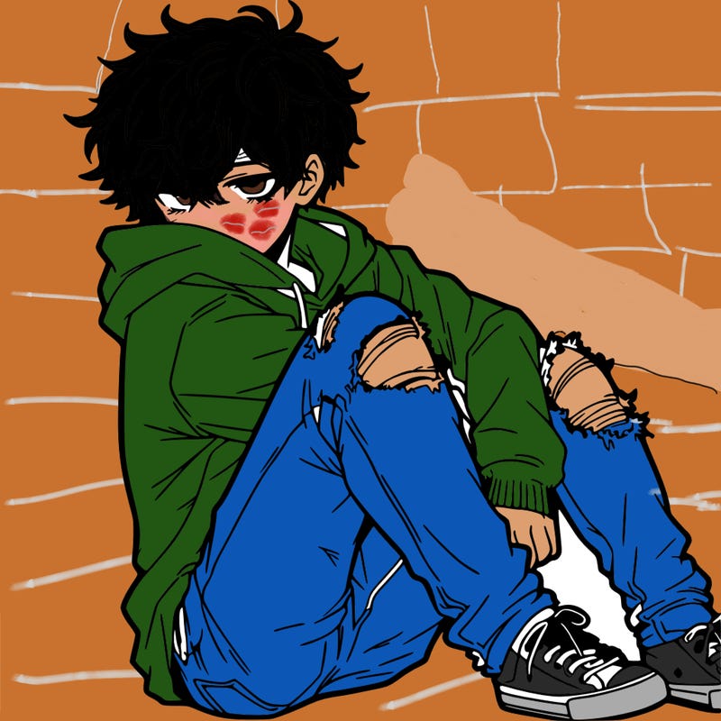 a male hoddie ripped jeans messy hair anime