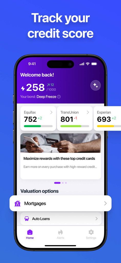 Mobile dashboard showing credit scores from Equifax TransUnion and Experian