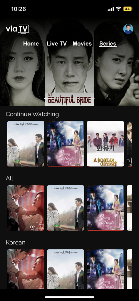 Via TV app home screen showing movies and series categories