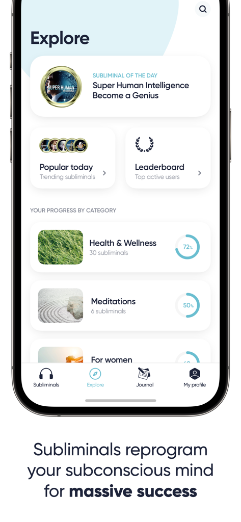 Aba Explorar do aplicativo Áudio Subliminar Poderoso mostrando faixas diárias e categorias de progresso do usuário