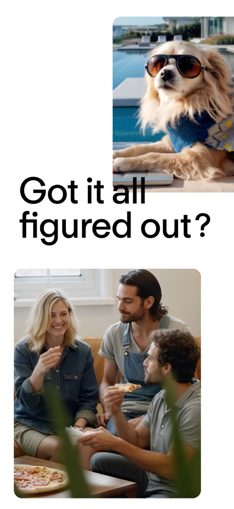 A collage showing a dog with sunglasses by a pool and friends sharing pizza in a living room with the text Got it all figured out