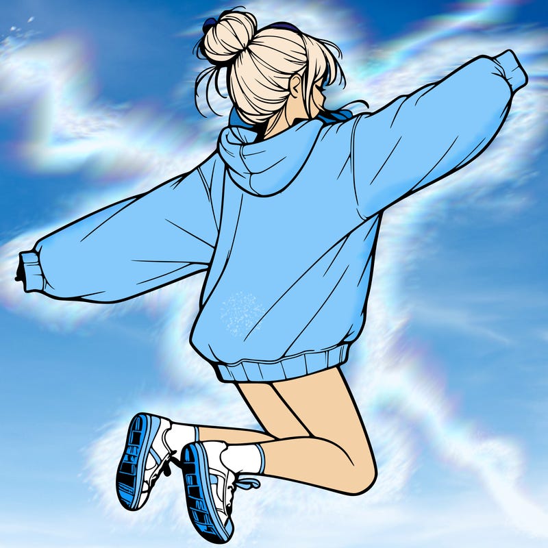 realistic girl jumping with a bun and oversized sweatshirt
