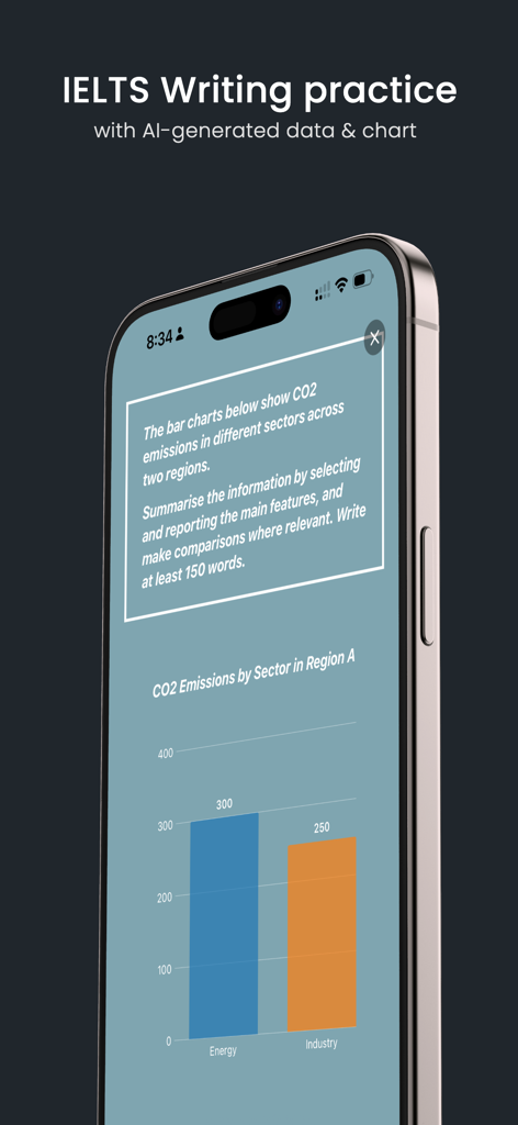IELTS Band9 – AI Mock Tests - IELTS Band9 app screen showing an AI-generated writing task with a CO2 emissions bar chart.