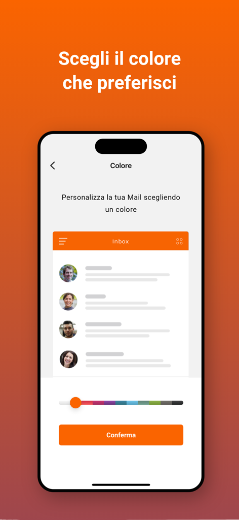 Tela do aplicativo Virgilio Mail para personalizar cores e temas da conta