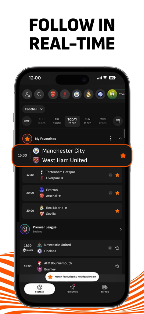 LiveScore: Live Sports Scores - 스마트폰의 LiveScore 앱 인터페이스, 실시간 축구 경기 일정 및 좋아하는 팀 점수 표시