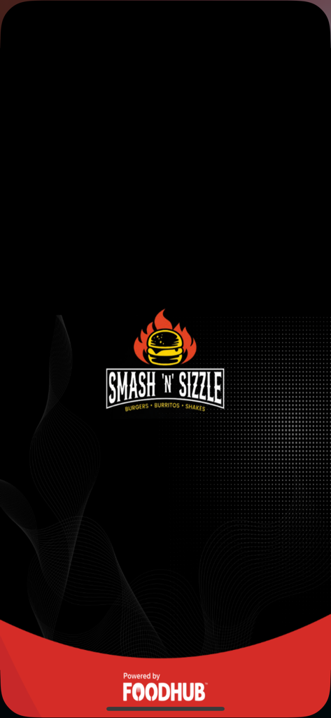 Smash N Sizzle - Smash N Sizzle mobile app splash screen showing the restaurant logo with a flaming burger and Foodhub branding