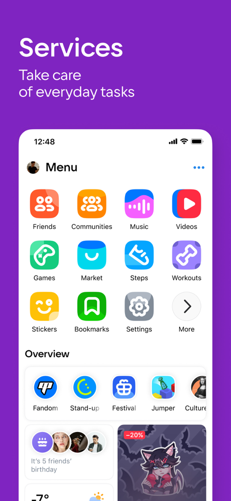 Menu dell'app VK che mostra vari servizi come musica, video, giochi e monitoraggio della salute