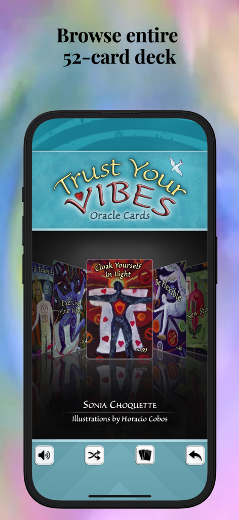 Trust Your Vibes Oracle Cards - A smartphone screen showing the browse mode of the Trust Your Vibes Oracle Cards app with various illustrated cards.