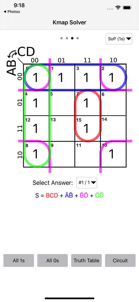 Kmap Solver - Mobile app screen showing a 4-variable Karnaugh Map with color-coded groupings and the simplified Boolean logic expression.