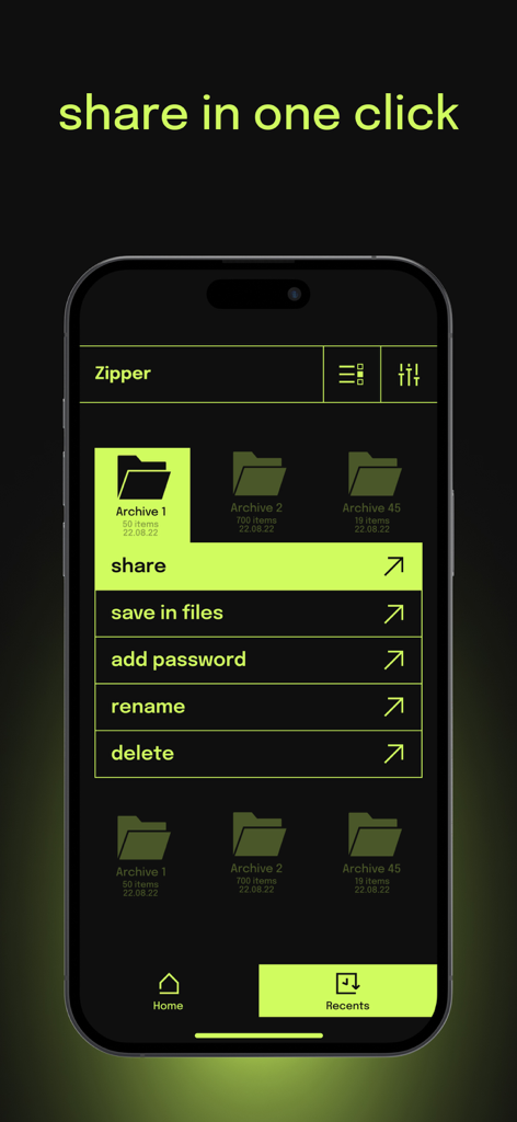 ZIP Extractor - UnZIP, UnRar - Uma captura de tela do aplicativo Extrator de ZIP mostrando opções de gerenciamento de arquivos como compartilhar e salvar em arquivos.