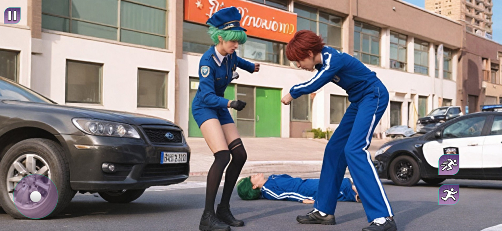 Sakura Cop Police Officer Game - 街の通りの車の上で、人物を乗り越えて立っているアニメスタイルの警察官キャラクター。