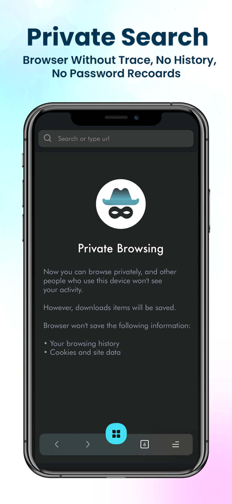 Browser Pro Fast & Secure - Interfaz de la aplicación Browser Pro mostrando las funciones y configuraciones de Navegación Privada