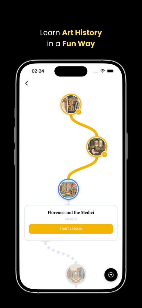 Art History & Museums - Artify - Interfaz de la aplicación Artify que muestra un camino de aprendizaje gamificado de la historia del arte