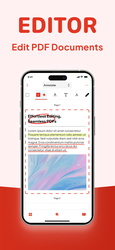 PDF Editor App | Edit Document - Interfaz de iPhone de un editor de PDF mostrando herramientas de anotación de documentos que incluyen resaltados y círculos.
