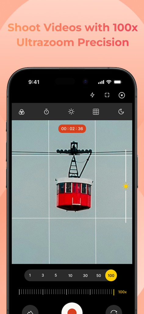 Ultra Zoom 100x Galaxy Camera - Interfaz de la aplicación del iPhone que muestra la grabación de video con zoom 100x de un teleférico rojo