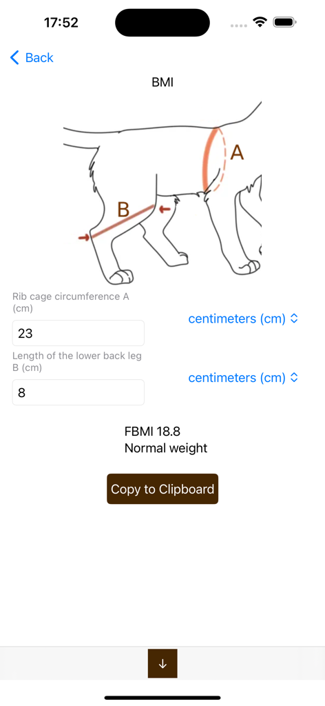 Mobile app screen showing a cat BMI calculator with measurement inputs and a normal weight result