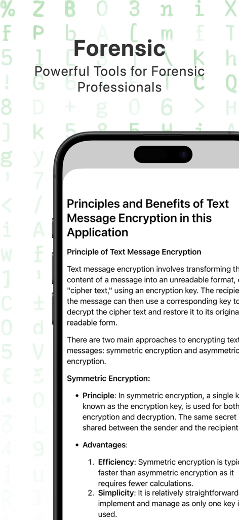 Crypto Tools (De)Encryption - Pantalla de la aplicación Crypto Tools que muestra documentación técnica para profesionales forenses sobre principios de cifrado de mensajes de texto