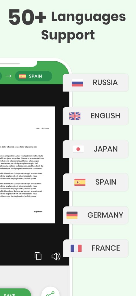 Screenshot of Photo Translator app showcasing support for over 50 languages including English, Spanish, and Japanese