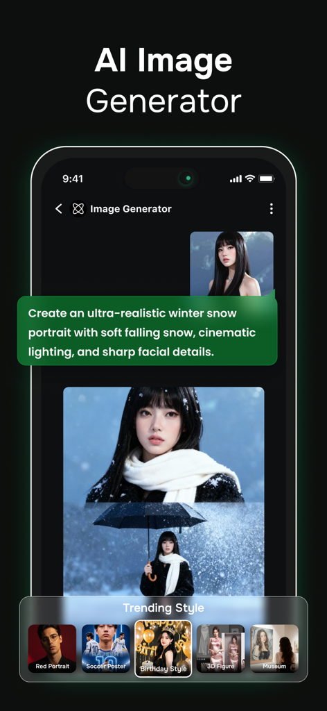 ChatGO: AI Chat 5.0 Assistant - Mobile Benutzeroberfläche des ChatGO KI-Bildgenerators, die eine Textaufforderung und generierte realistische Winterporträts zeigt