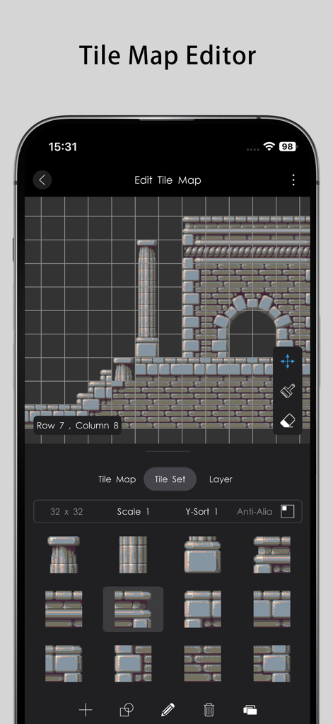 Game Maker Go - Interface of the Tile Map Editor in Game Maker Go showing a pixel art level under construction with a tile set selection